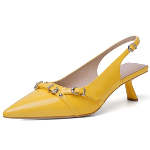Image of Mostrin Kitten Heels for Women Pointed Toe Pumps Patent Leather Low Heel Slingback Heels with Buckle Dress Shoes for Dating Party Working