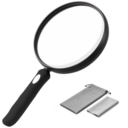 10X Large Magnifying Glass for Reading, Upgraded Handheld Magnifier with 5.12inch Anti-Glare Lens, Non-Slip Handle for Close Work, Seniors Reading, Kids Nature Exploration, Hobby Observation