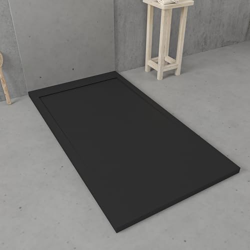 VAROBATH | Plato de Ducha URBANSTONE – Material Resina con Carga Mineral y Textura Pizarra Antideslizante C3 – Incluye Válvula Desagüe y Rejilla (Negro RAL9005, 90x160)