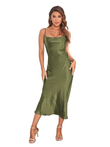 Image of Women's Spaghetti Strap Midi Satin Silk Dresses Slip Cowl Neck Party Cocktail Evening Sexy Dress