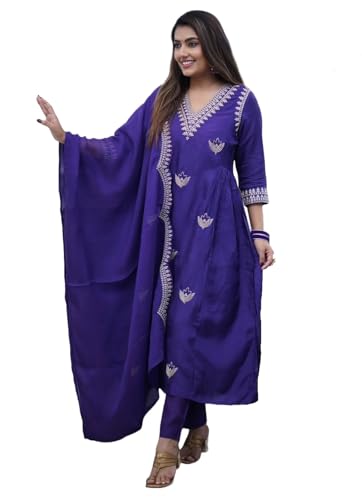 Image of Nermosa Women Printed Anarkali Kurta and Pant Set with Dupatta