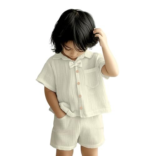 Image of Kidbea Boys Organic Cotton Shirt & Shorts with Bow | Soft Breathable Summer Co-Ord Outfit for Kids Casual Clothing Set (Off-White, 4-5 Years)