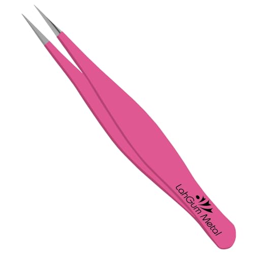 LahGum Metal Ultra Fine Sharp Pointed Tweezers Precision, Needle Nose Pointy Tweezers for Ingrown Hair Removal Kit, Pink, 1-Piece