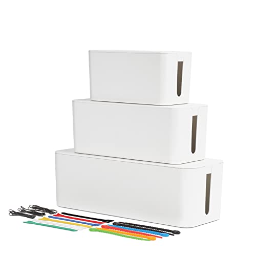 Oxford Cable Management Boxes, 3 Pack, Small, Medium, Large, 15 Cable Ties (Hook & Loop...