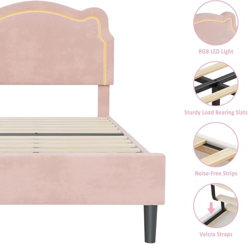Image of GarveeHome Twin Upholstered Smart LED Bed Frame with Headboard, Velvet Princess Platform Bed Frame for Kids, Wooden Slats Support, No Box Spring Needed (Pink)