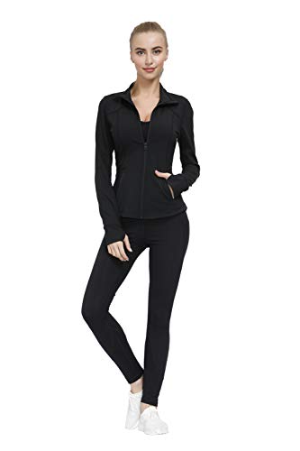 Dolcevida Women\'s Slim Fit Workout Track Jackets Full Zip Stretchy Warm up Active Running Jacket with Thumb Holes (Deep Black, L)