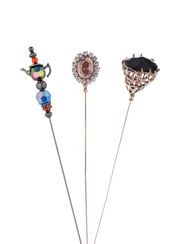 Image of Alilang Magic Lamp Pearl Lady Camo Rose Heart Rhinestones 3Pcs Vintage Long Handle Hat and Lapel Pins with Flexible Bendable Design