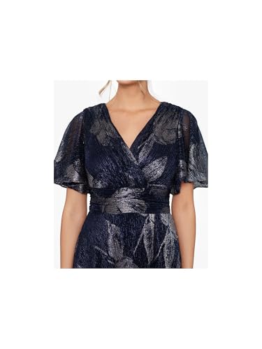 Betsy & Adam Women's V Neck Flutter Sleeve Metallic Print Flowy Dress3