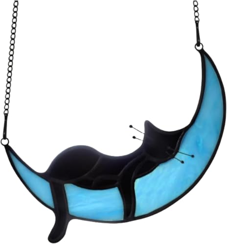 Black Cat Decor on Blue Moon Stained Window Hanging, Suncatchers Decoration for Cat Lovers Indoor