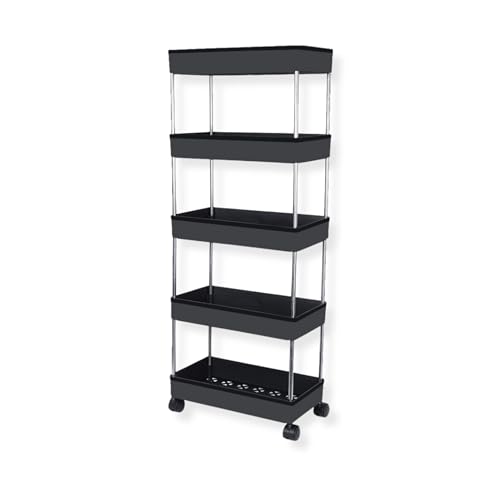 Image of AEXONIZ TOYS Plastic Kitchen Storage Trolley Rack | Multi-Purpose Storage Cart with Wheels for Kitchen & Bathroom|Space-Saving Organizer Rack with Wheels (Black, 5 Layer)