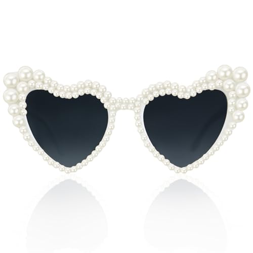 Pearl Sunglasses for Women, Pearl Glasses Vintage Love Heart Shaped Sunglasses for Women Girls Adults Dress up Party