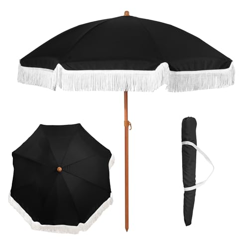 Punchau 6 Ft Fringe Patio Umbrella – Black Outdoor Umbrella for Patio, Pool, Table, Garden, Deck, and Beach – Push Button Tilt Pole – Fashionable Boho Vintage Tassels and Wood Print