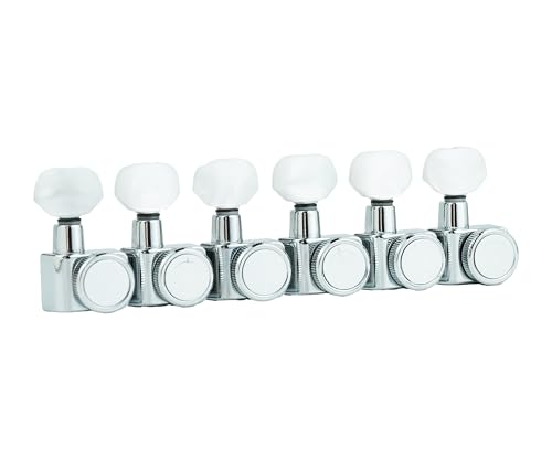 Image of Guyker 6 In-line Guitar Locking Tuners - 1:18 Lock String Tuning Key Pegs Machine Heads for Folk Classical Acoustic Electric Guitar - Pearl Buttons, Chrome