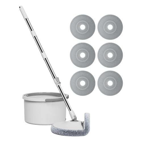 Juego de fregona y cubo, fregona de limpieza de suelos con escurridor, herramientas de limpieza de mango ajustable con 6 almohadillas de microfibra reemplazables para azulejos de madera dura, baño
