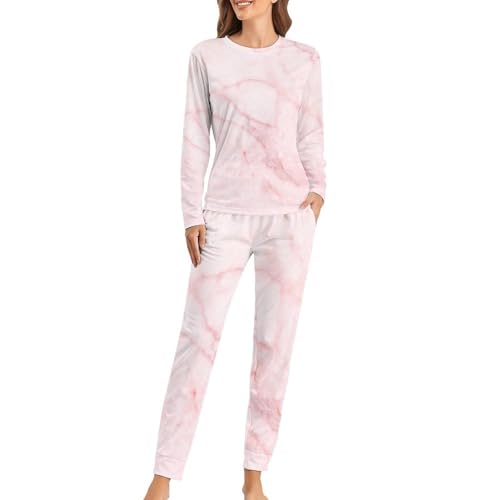 Pyjama femme marbre rose avec t-shirt manches longues, cadeau idéal