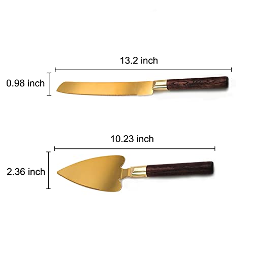 Dadop Wedding Cake Knife And Server Set Stainless Steel Gold Cake Cutter And Server Set Ideal For Wedding,Birthdays,Holiday,Parties,2 Set With Wooden Handle #TOP2