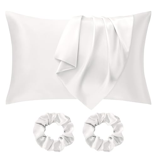 Seiwohl Satin Silk Pillowcases for Hair and Skin Ivory Pillow cases 2 Pack with Hair Silk Scrunchies for women Cooling Pillow cases with Envelope Closure