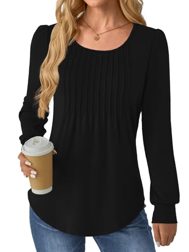 GKBK Women Long Sleeve Shirts Fall Tops Dressy Pleated Scooped Neck Tunic Tops for Leggings Black M - image 4