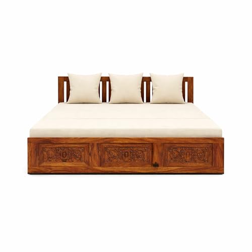 Image of SONA ART & CRAFTS Maharaja Sheesham Wood 3 Seater Sofa Cum Bed | Wooden 3 Seater Sofa for Living Room Wooden Furniture Sofa Bed for Home (Natural Finish)