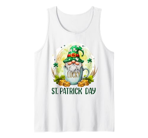 Día de San Patricio El gnomo sostiene una taza de café LUCKY Funny Camiseta sin Mangas