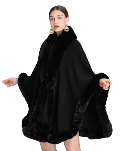 Image of Women Poncho Cape Faux Fur Collar Knitted Cardigan Sweater Batwing Long Sleeve Shawl Wrap Coat Oversized Cloak