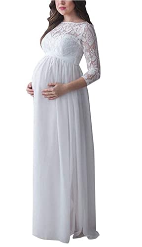 WangsCanis Robe Longue en Dentelle pour Femme Enceinte Robe Imprimé Dentelle et de Couleur Unie Vêtements de Photographie Robe Gaze Elégante (Blanc, XL) Cover