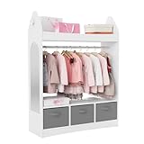 KEEPREAPER Kinder Kleiderschrank Kinderkleiderständer mit Boxen, Kleiderstange, Spiegel und Ablagen, Kindergarderobe aus Holz, Kinderregal 81 x 28 x 106,5 cm (Rakete mit 3 Schubladen, Weiß)