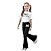 Girls 2 Piece Outfits Long Sleeve Crew Neck Bow T-Shirt Top And Flare Pants Sets Casual Fashion Pullover Athletic Gym Set Black,13-14 Years