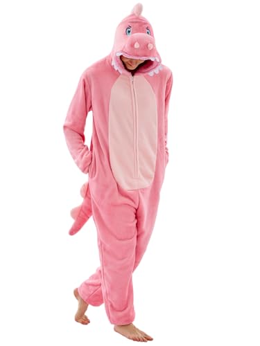 JUOLOET Unisex Adult Onesie Pajamas Dinosaur Animal One Piece Snug Fit Halloween Costume Sleepwear HomewearDirty Pink Dinosaur X-Large