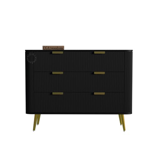 Image of Wooden Chest of Drawers | 3 Drawers Dresser Console Cabinet for Bedroom, Living Room, Drawing Room & Office | Multipurpose Storage Sideboard | HDMR Premium Wood & Iron, Black