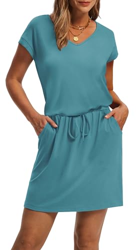Image of OFEEFAN Summer Dresses for Women 2026 V Neck T Shirt Casual Mini Dresses Tie Waist Sundresses with Pockets