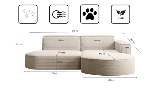 Kaiser Möbel, Ecksofa, Sofa Modena Studio Parma, Modern Design Couch, Polsterecke, Freistehend Sofa Wohnzimmer -Stoff Dicker Cord Poso Beige Rechts – Bild 3