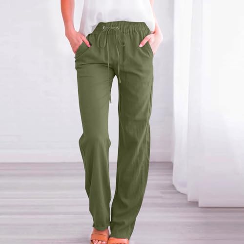Image of Linen Pants Women High Waisted Drawstring Casual Pant Cotton Linen Straight Leg Lounge Trousers with Side Pockets