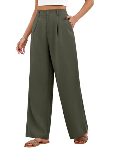 Fashora Womens Trousers Summer High Waist Wide Leg Trousers Ladies Lightweight Elegant Loose Palazzo Pants with Pockets Casual Bottoms (Green, L)