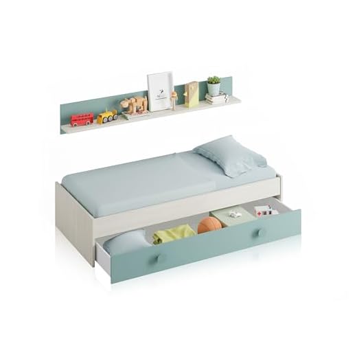 Habitdesign 0J7447Y - Cama Nido Juvenil, 2 Camas + Estante, Color Blanco Alpes y Verde Acqua, Medidas: 200 cm (Largo) x 98 cm (Ancho) x 43 cm (Alto)