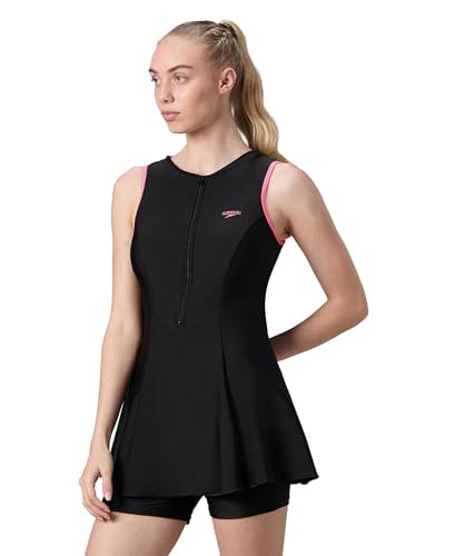 Image of Speedo Women's Endurabrite Closedback Swimdress with Boyleg | Swimming Costume | Swimming Suit for Women | Chlorine Resistance | UPF 40+ Sun Protection | Removable Bra Pads