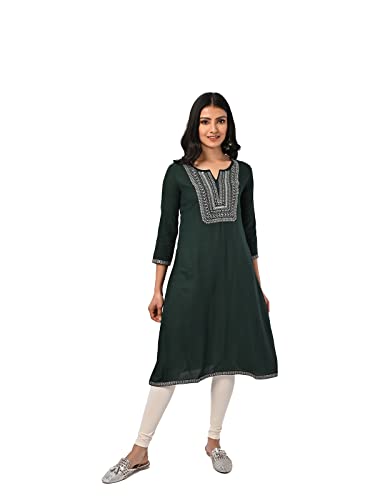Image of rangita Rayon Calf Length Embroidered A-line Kurti for Women | Kurta for Women