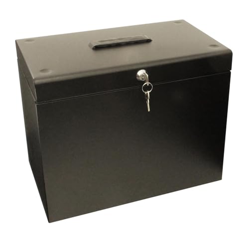 mysmartbuy.com Metal Lockable File Box with 5 Suspension Files & Fold Down Handle - Strong Durable A4 Filing Cabinet, Store & Organise Paperwork & Important Documents - Black, H30 x W37 x D22cm