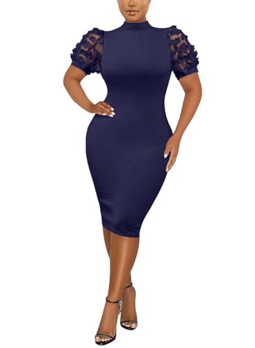 Image of Annystore Women's Mesh See Through Sheer Dress Short Puff Sleeve Bodycon Dress Mock Neck Sexy Club Party Midi Dress Clubwear