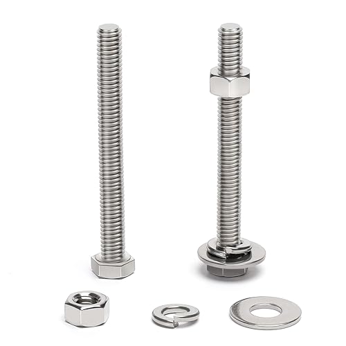 (10 Sets) 5/16-18 x 3" Hex Head Screw Bolt, Nuts, Flat Washer &amp; Spring Lock Washers, 18-8 (304) Stainless Steel, Fully Threaded, by Skvltvfyt