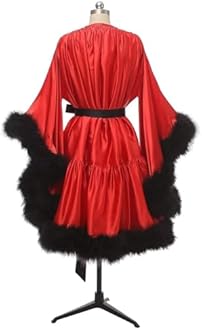 Changuan Women's Feather Robe Silk Satin Fur Bridal Robe Short Dressing Gown Bathrobe Lingerie Nightgown Sleepwear