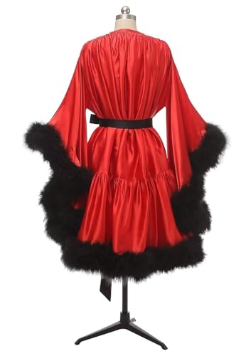 Changuan Women's Feather Robe Silk Satin Fur Bridal Robe Short Dressing Gown Bathrobe Lingerie Nightgown Sleepwear