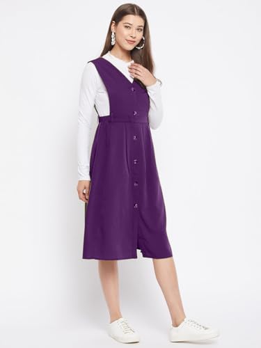 Image of WineRed Women Soild Pinafore Dress with Button