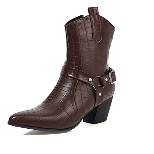 PAUVAODY Klassischer Damens Blockabsatz Western Stiefel Wide Calf Pointed Toe Chelsea Stiefel V-Neck Kurze Stiefel Pull on Cowboy Stiefeletten Brown Size 47 Cover