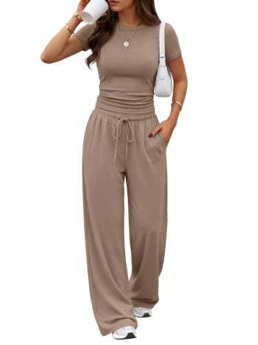 Image of Trendy Queen Women's 2 Piece Matching Summer Lounge Set with Pockets | Vacation Airport Travel Outfits, Workout Gym Clothing Comfy Athleisure Clothes, Side-ruched Top, Drawstring Wide Leg Pants