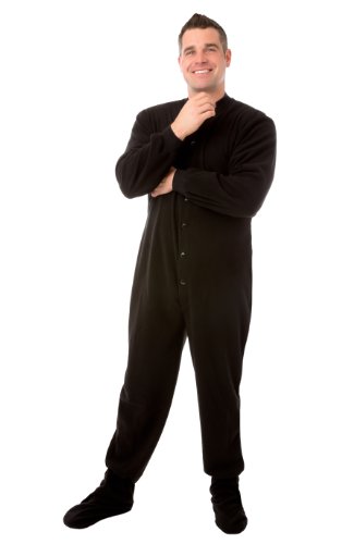 Black Micro Polar Fleece Adult Footed Pajamas with Drop Seat Onesie for Men & Women