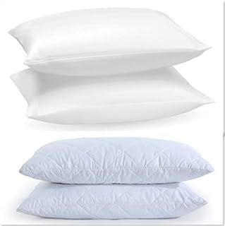 ARLINENS Pack of 2 Duck Feather & Down Pillows with Free Hotel Quality Quilted Pair of Pillow Case Protector -Extra Soft Comfort Anti Dust Mite-Hypo-Allergenic Pillows in UK Standard size 74 x 48cm