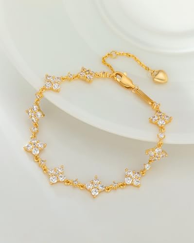 Dainty Gold Silver Bracelet for Women Trendy Non Tarnish 14K Gold Plated Cubic Zirconia Bracelet Simple Butterfly Flower Cubic Zirconia Bracelets Jewelry Gift for Women