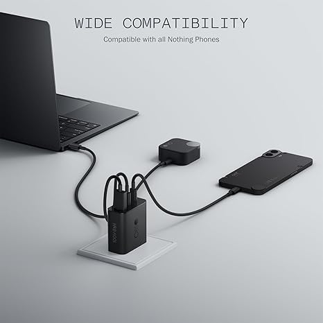 Image of CMF by Nothing 100W GaN Type C 3-Port Charger Adapter with 3.3 Ft Type C Cable, USB-C1 100W, USB-C2 65W, USB-A 18W, Max Capacity 100W for Phone 2A /2A Plus /2 /1,Samsung S25,S24, Laptop, Charging, Black