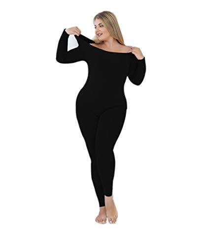 Women Long Johns Plus Size Thermal Underwear Set (Black, 3XL)